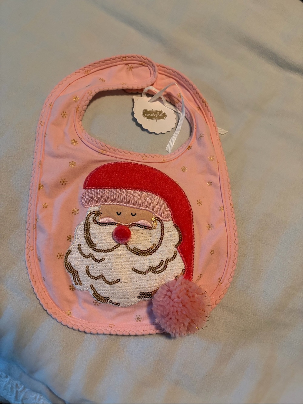 Mud Pie Pink Santa Appliqué Bib with Pom Pom Accent